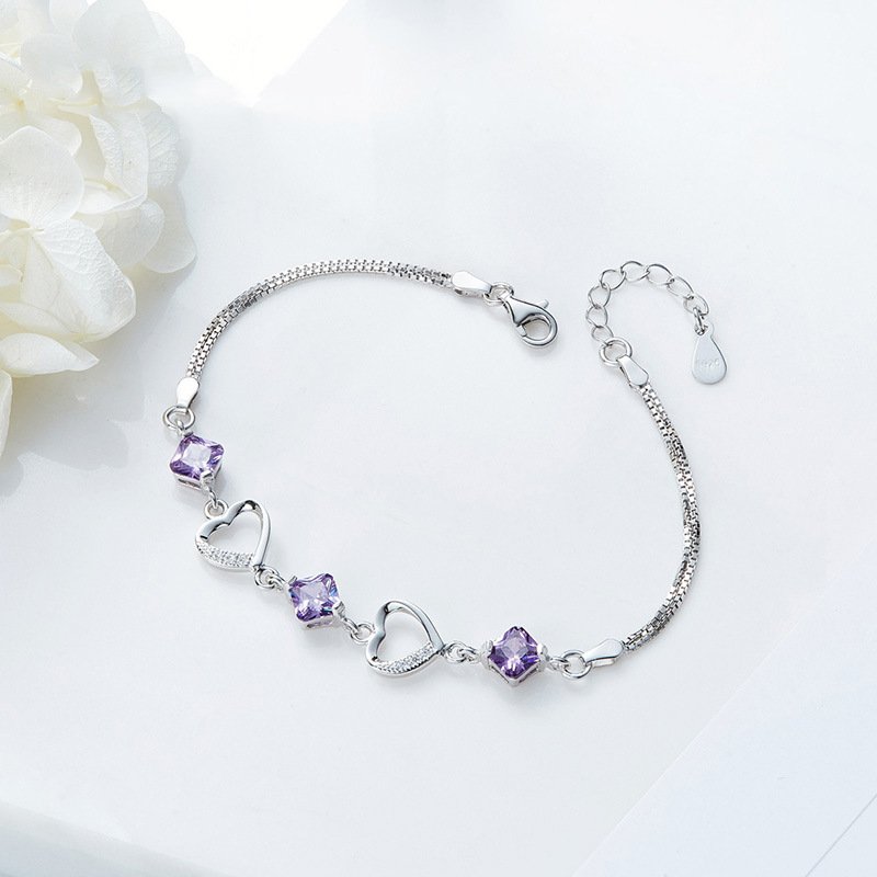 Heart micro-inlaid silver bracelet women's Japanese simple personality jewelry birthday gift jewelry
